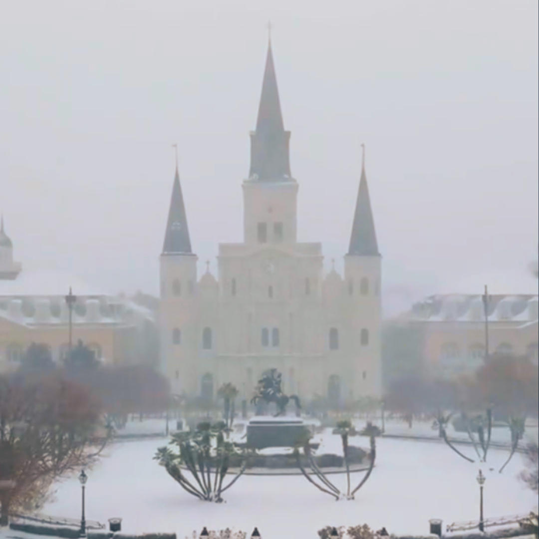 Snowstorm 2025 in New Orleans, Louisiana - Jackson Square - St Louis Cathedral